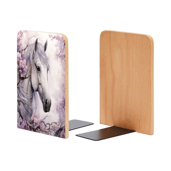 Bookends 1 Pair Non-Skid Bookend Wood Bookends for Shelves Book Stand for CDs - White Horse With Purple Mane And Ears Surrounded By Cherry Blossoms
