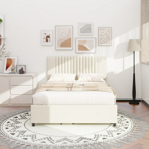Full Size Upholstered Platform Bed with 2 Drawers and 1 Twin Size Trundle, Classic Headboard Design, Beige
