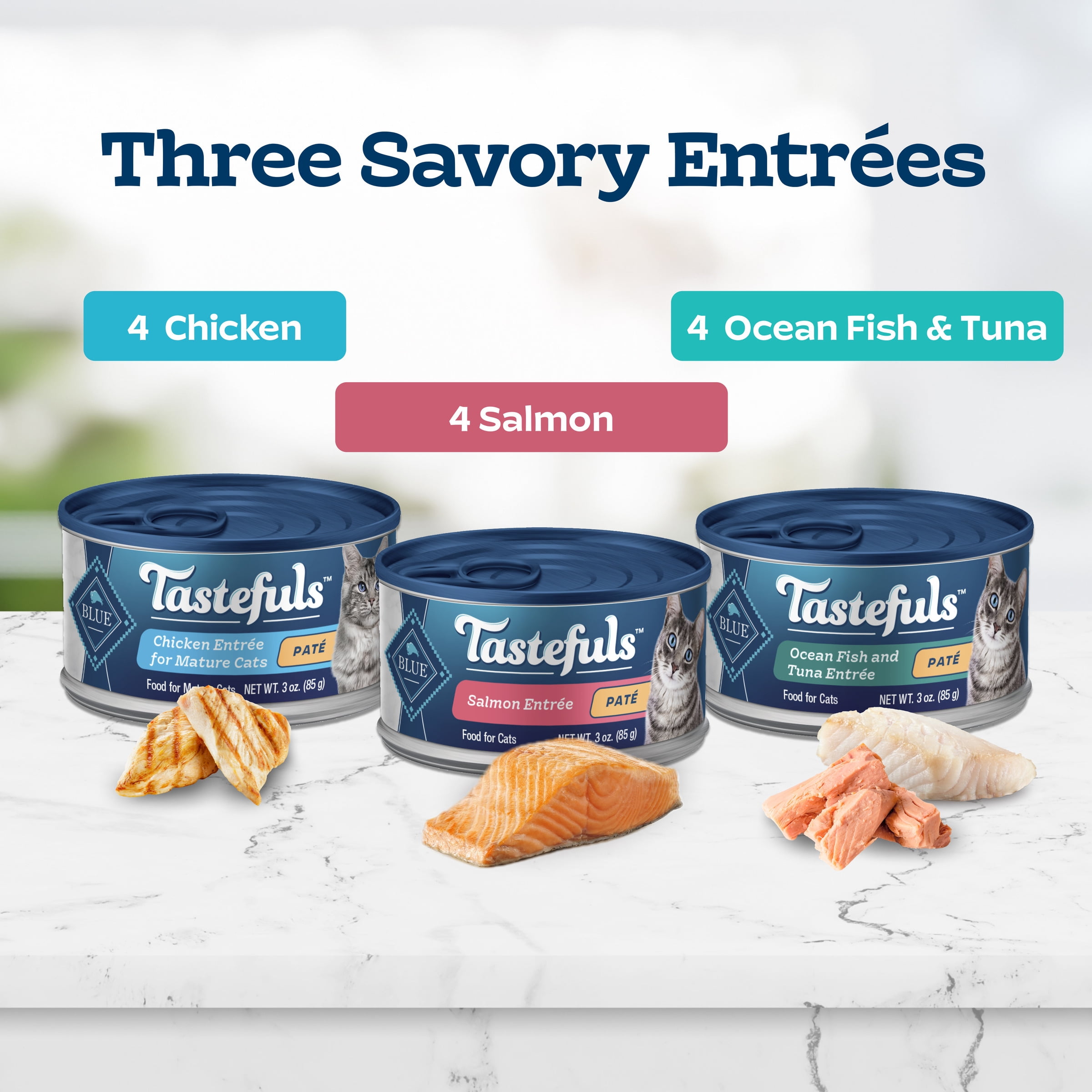 (2 pack) Blue Buffalo Tastefuls Natural Pate Wet Cat Food Variety Pack, Salmon, Chicken, Ocean Fish & Tuna Entrées 3-oz Cans (12 Count - 4 of Each Flavor)