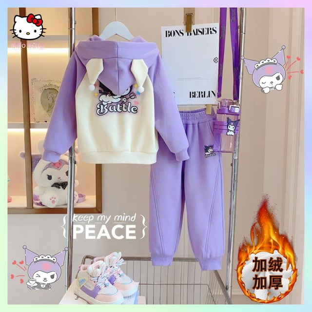 Traje deportivo para niños Sanrioed Anime Kuromi Y2K Chaqueta para niñas Primavera Otoño Chaqueta con capucha Kawaii Abrigo grueso de moda para niños Kawaii