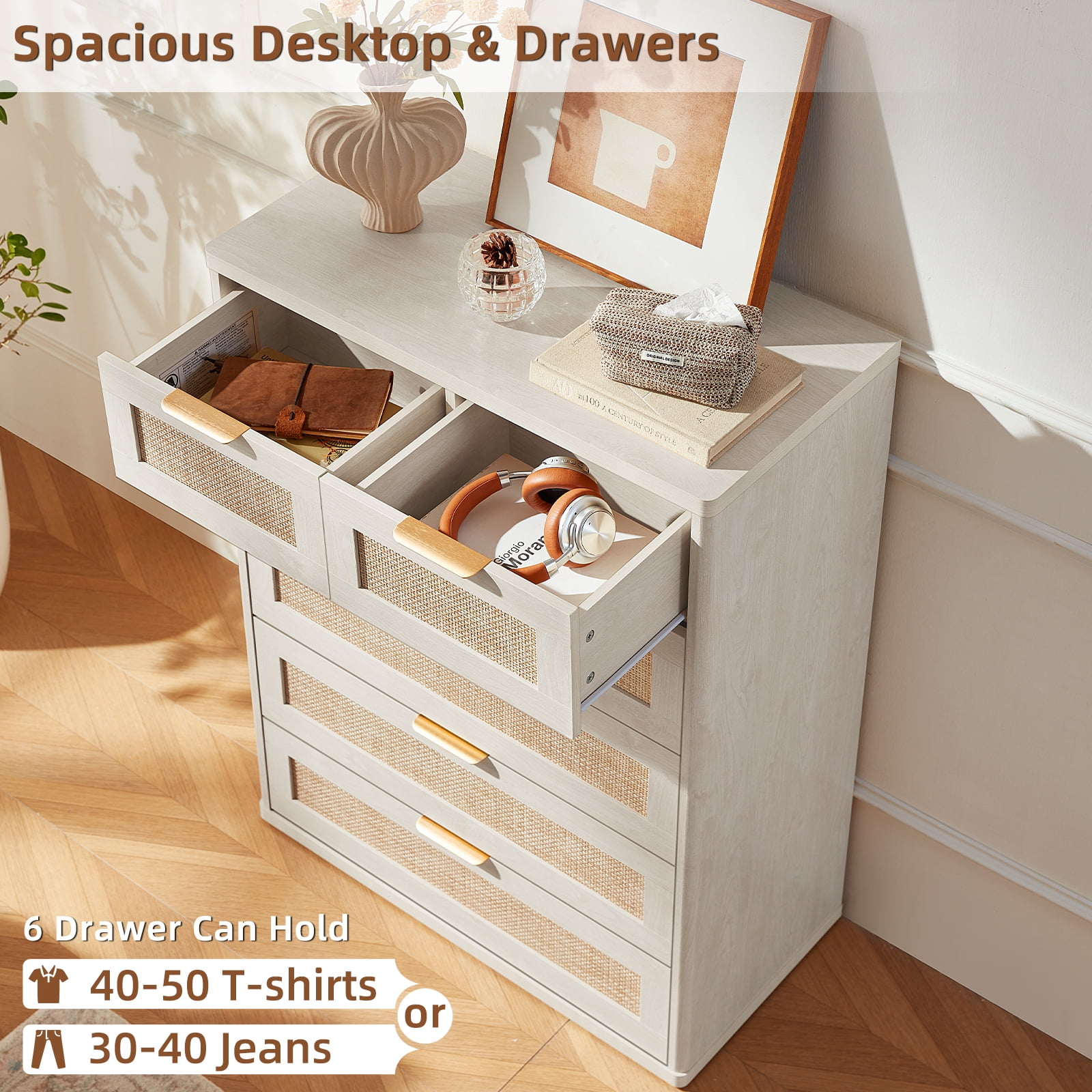 6 Rattan Drawer Dresser, Rustic White Dressers for Bedroom with Chest of Drawers, Wooden Cabinet for Bedroom, Living Room, Entryway