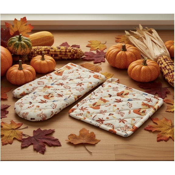 Serafina Home Fall Decor Fall Fox Kitchen Potholder Oven Mitt Set, Colorful Autumn Woodland Creatures