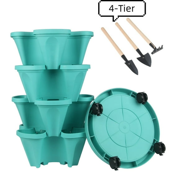Active Mind Ltd Smart Space Vertical Planter 4-Tier Tower with Bonus Wheels - Mobile Gardening Pots for Indoor/Outdoor Flowers, Vegetables & Succulent Plants, Teal