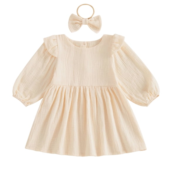 SGMVNU Toddler Girls 2 Piece Dress Set with Bowknot Hairband Girls Floral Dress Size 7 Long Sleeve Dress Spring Summer Clothes(Size 12-24 Months,Beige)