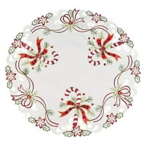 Christmas Table Topper - Embroidered Candy Cane & Ribbon Doily - Round 23 Inch Tablecloth Centerpiece - Holiday Decor