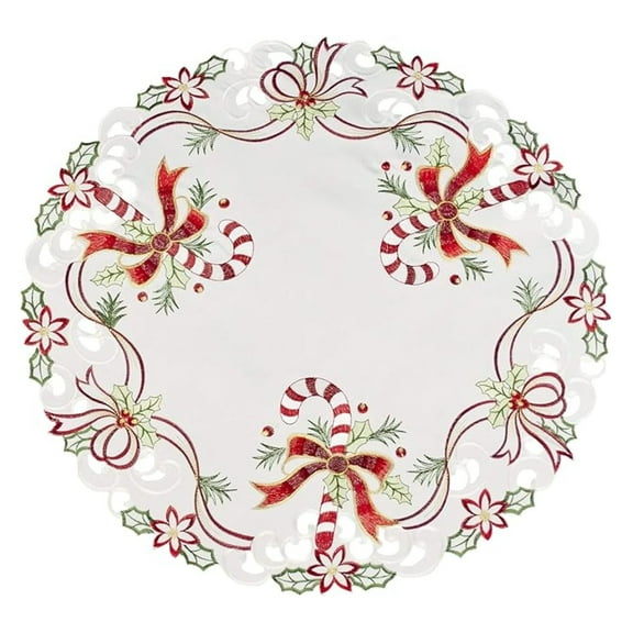 Christmas Table Topper - Embroidered Candy Cane & Ribbon Doily - Round 23 Inch Tablecloth Centerpiece - Holiday Decor