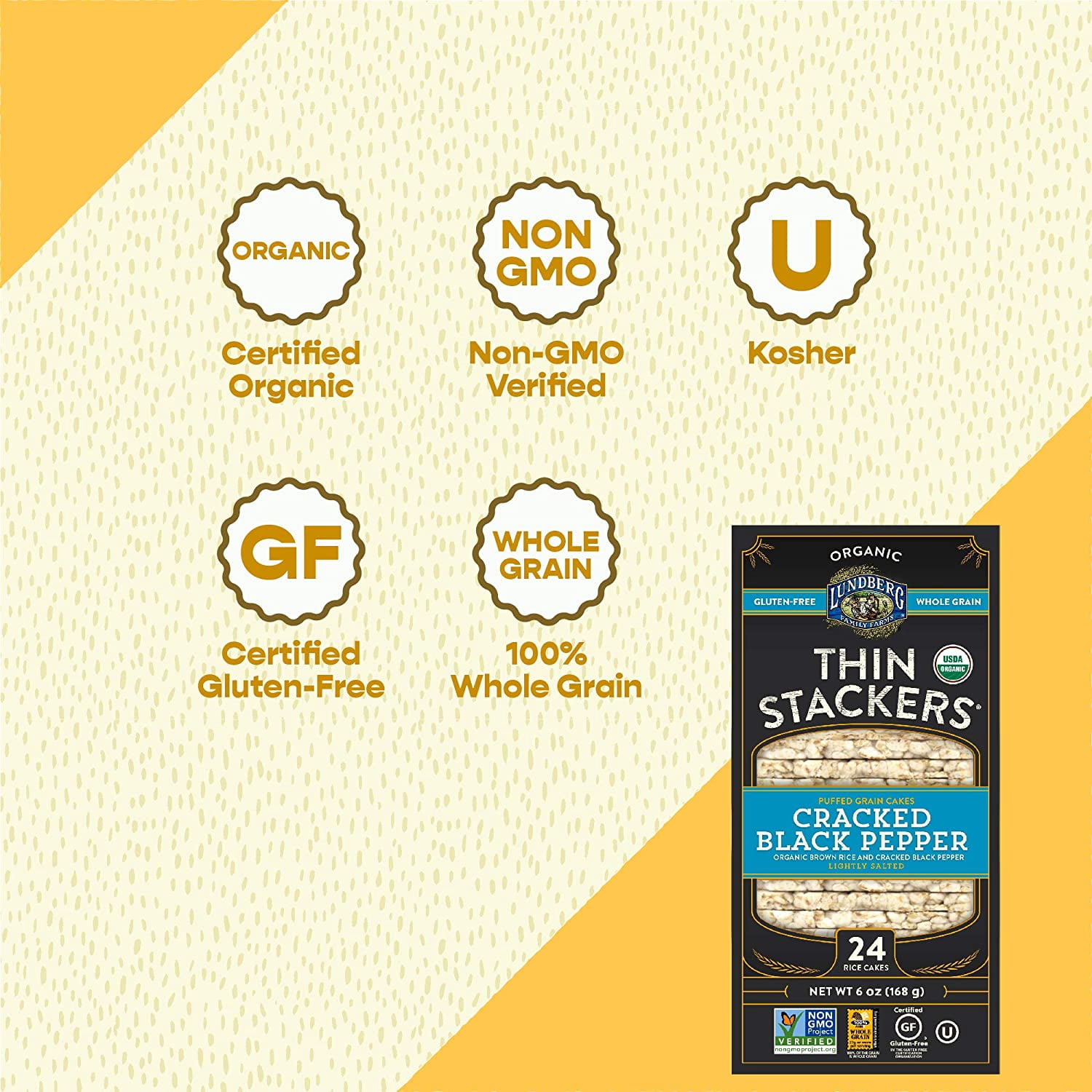 Lundberg, Organic Thin Stackers, Puffed Grain Cakes, Cracked Black Pepper, Lightly Salted, 24 Rice Cakes, 6 oz Pack of 3