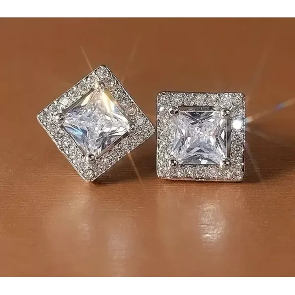 Halo Princess Cut 14K White Gold Plated Cubic Zirconia Men Women Stud Earrings