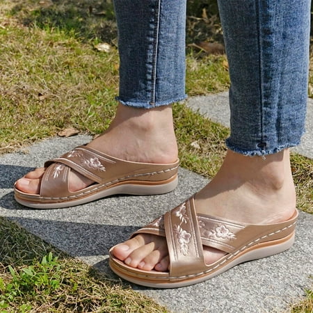

KKCXFJX slippers for women New Women s Outer Wear Wedge Embroidered Sandals And Slippers Slippers
