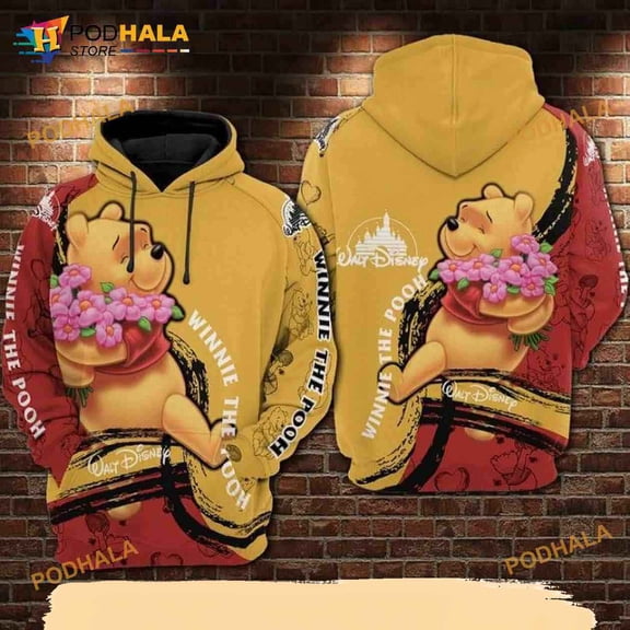 Pooh Hug Flower Winnie The Pooh Yellow And Red All Over Print 3D Hoodie