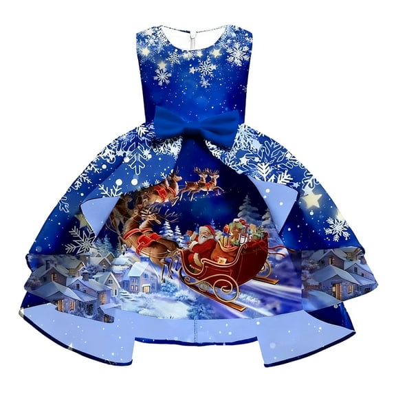 XDZJLR Toddler Christmas Dress With Santa Reindeer Print Long Tray Train Bow Back Elegant Pageant Gown Holiday Performance Party Dresses Blue 4-5 Years