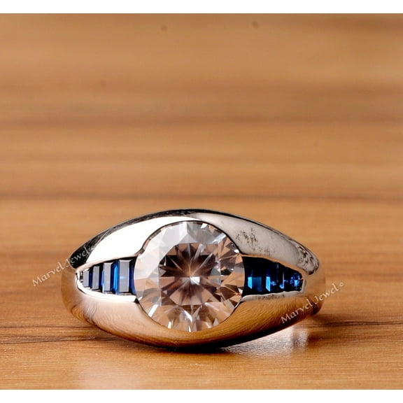 Men's Wide Shank Dome Diamond Ring, Flush Set Diamond Engagement Ring For Men, Channel Set Accent Sapphire Baguette Ring, 925 Sterling Silver, 2.3 Ct Simulated Diamond