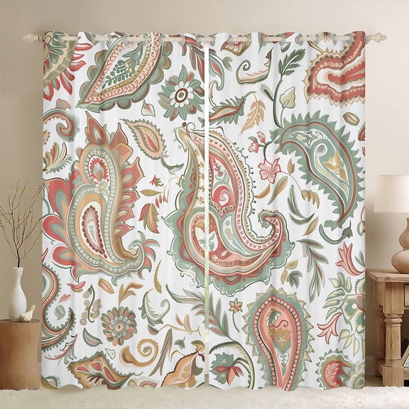 Manfei Paisley Flower Blackout Curtains Set of 2 (52x84 Each),Boho Theme Window Curtains,Orange Green White Curtains and Drapes For Adults,Microfiber Bedroom Decor