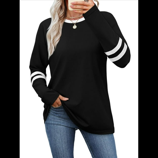 Camisas de Larga para Mujer, Blusas Casuales con Bloques de Color, Conjuntos de Otoño, Camisetas Básicas, Ropa de Moda Negro L
