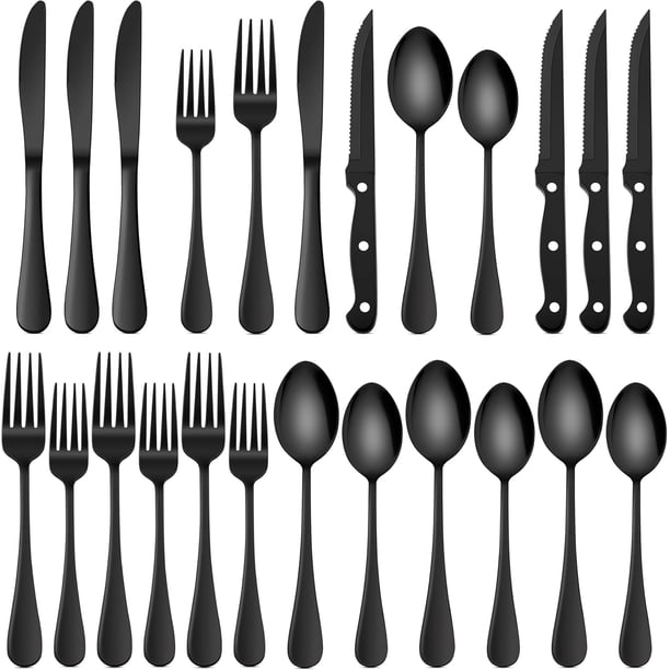 Juego de cubiertos de acero inoxidable, 24 piezas/juego que incluye cuchillo, tenedor, cuchara, cuchara de postre, cuchillo para carne, juego de vajilla para el hogar y el restaurante