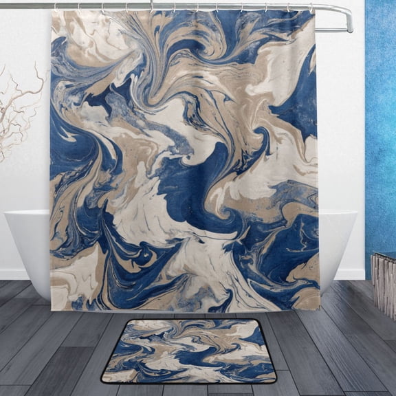 TTYFWHD 60" x 72" Shower Curtain and Bath Mat Set Blue Flowing Liquid Marble Waterproof Bathroom Curtain with 12 Hooks, Bathroom Decor Set
