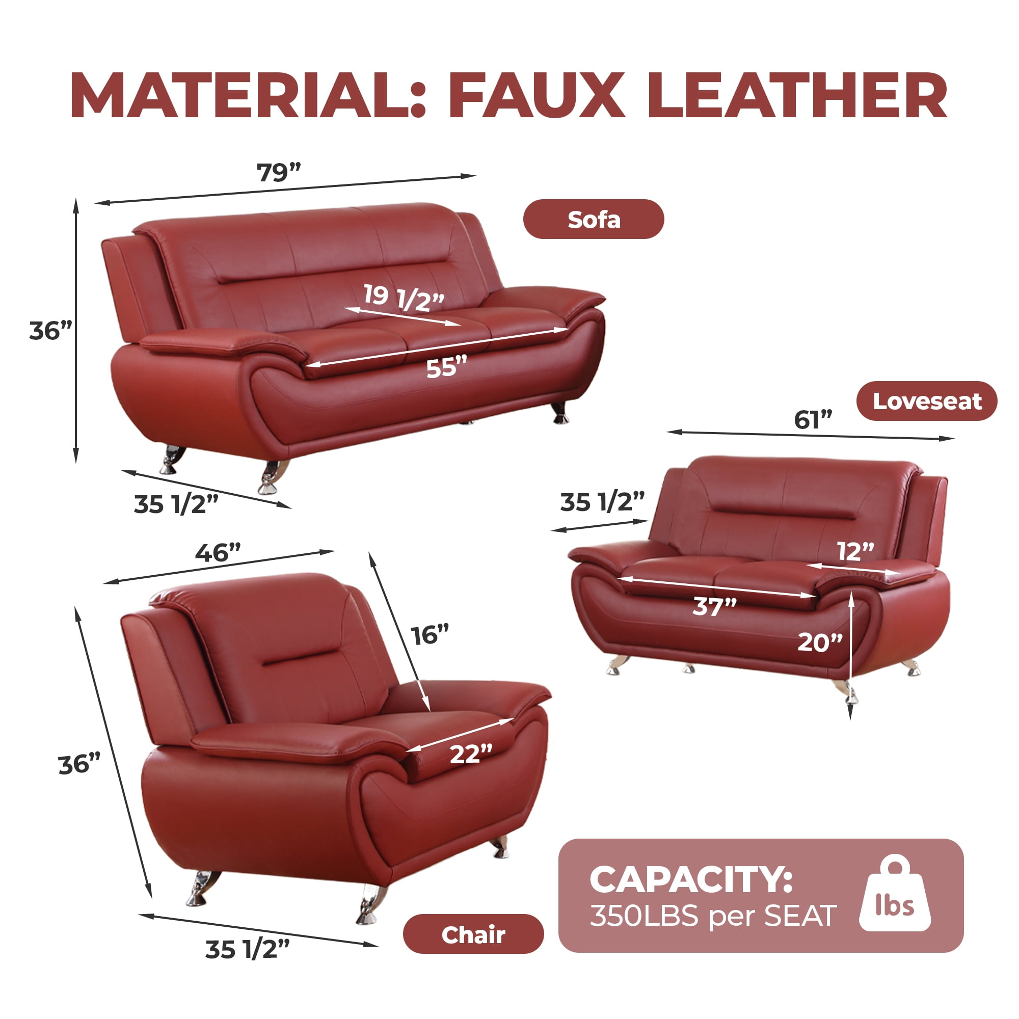 Alvantor 3 Piece Sofa Set - Upholstered Leather Sofa Deep Seat Couch for Small Spaces, Living Room Orange