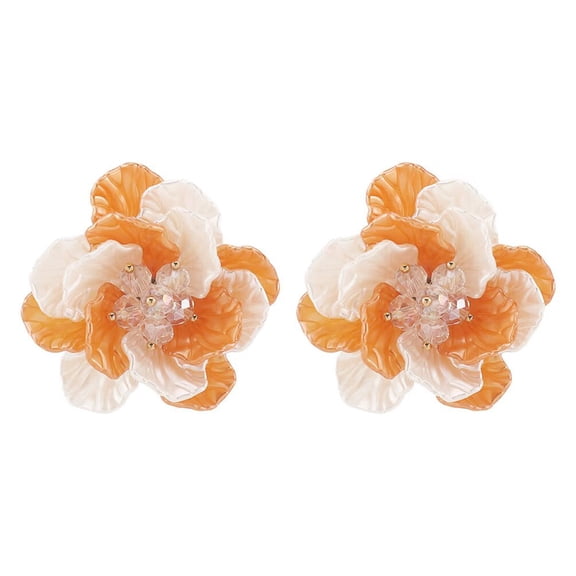 PAURO Flower Earrings for Women Statement Elegant Cubic Zirconia Colorful Imitation Pearl Post Aesthetic Dainty Stainless Steel Stud Jewelry Orange