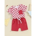 thumbnail image 3 of Suealasg Toddler Boys Girls Summer 2Pcs Outfits 6M 1T 2T 3T Kids Baby Casual Beach Clothes Short Sleeve Checkerboard Print Tops + Elastic Waist Shorts, 3 of 9