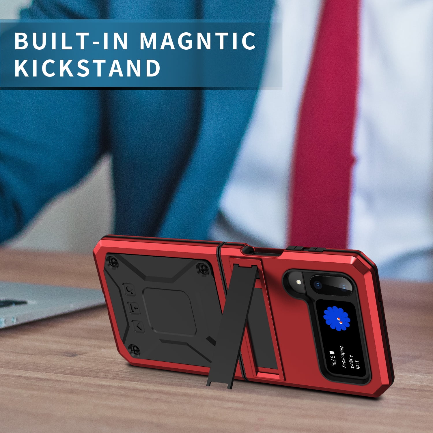 ELEHOLD for Samsung Galaxy Z Flip 4/3 6.7" Case, Heavy Duty Armor Built-in Explosion-Proof Tempered Glass Screen Protector Wireless Charging Hang Rope Hidden Kickstand Shockproof Rugged Case,Red