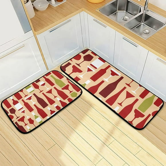 SKYSONIC Bottles Glasses Silhouette Kitchen Rugs Set of 2, Seamless Red Wine Floor Runner Area Rug Washable Carpet Mat Perfect for Living Room Bedroom Entryway