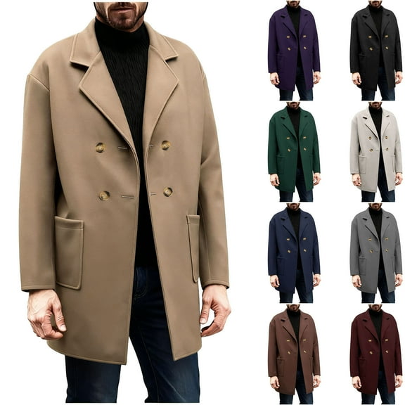 LWITHSZG Mens Wool Coat Fall Winter Casual Dressy Trench Coats Long Sleeve Going Out Tops Double Breasted Notched Lapel Long Jacket with Pockets