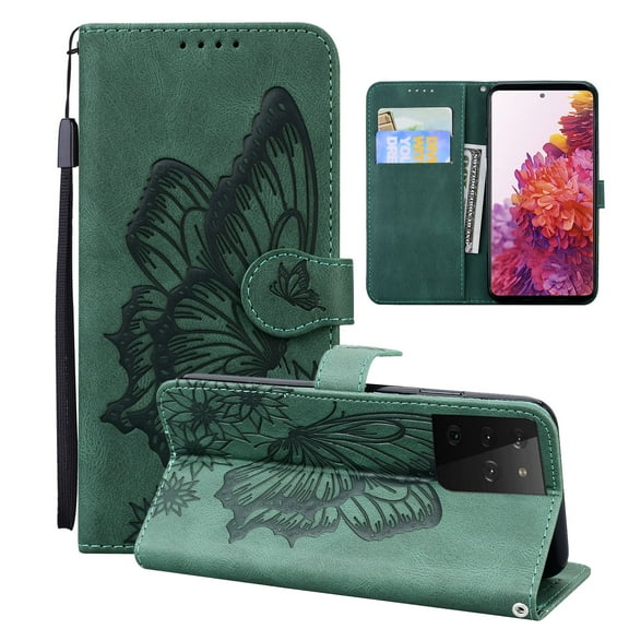 Dteck Galaxy S21 Ultra Wallet Case, [Butterfly & Flower Embossed] PU Leather Wallet Case Flip Protective Phone Cover with Card Slots and Kickstand for Samsung Galaxy S21 Ultra, Green
