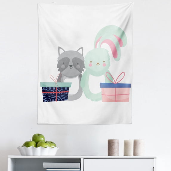 Animal Tapestry, Christmas Celebration with Friends Racoon and Rabbit Gift Boxes, Fabric Wall Hanging Decor for Bedroom Living Room Dorm, 5 Sizes, White Pale Grey and Pale Blue, by Ambesonne