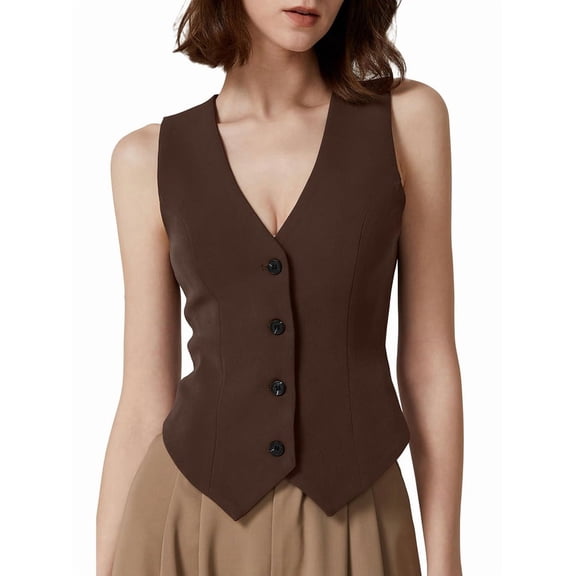 Vest Tops for Women, Knit V-Neck Sleeveless Button Down Vest Business Casual Outfits Dark Brown M