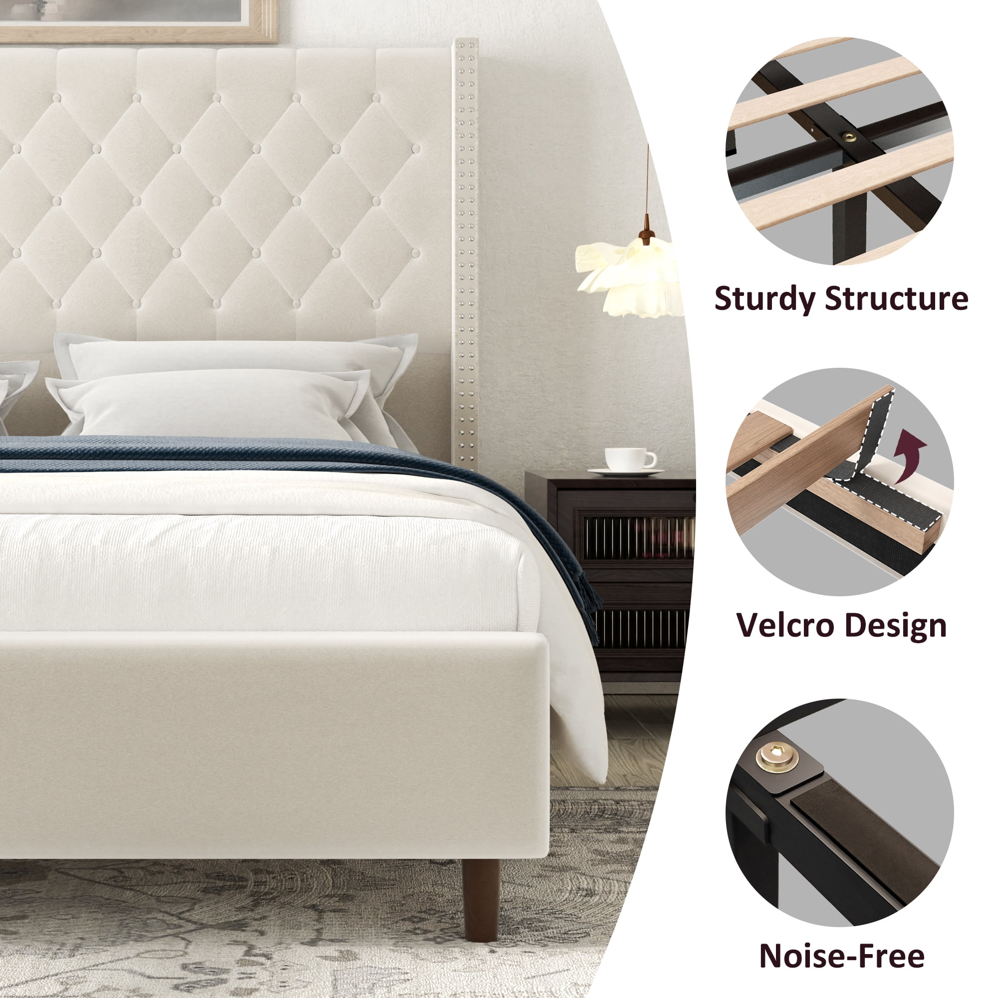 viplov King Size Bed Frame, 62" Tall Velvet Upholstered Bed, Wooden Slats, Modern Luxury Design, Easy Assembly, Beige