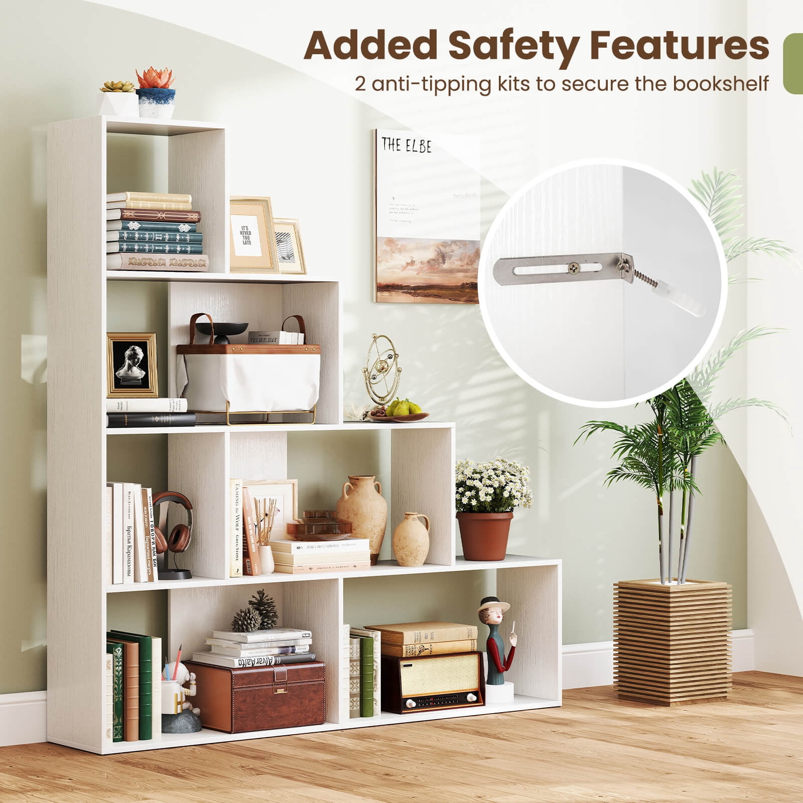 Costway 1 PCS 4-Tier Bookshelf with 6 Storage Cubes 64" Tall Modern Geometric Stair Bookcase