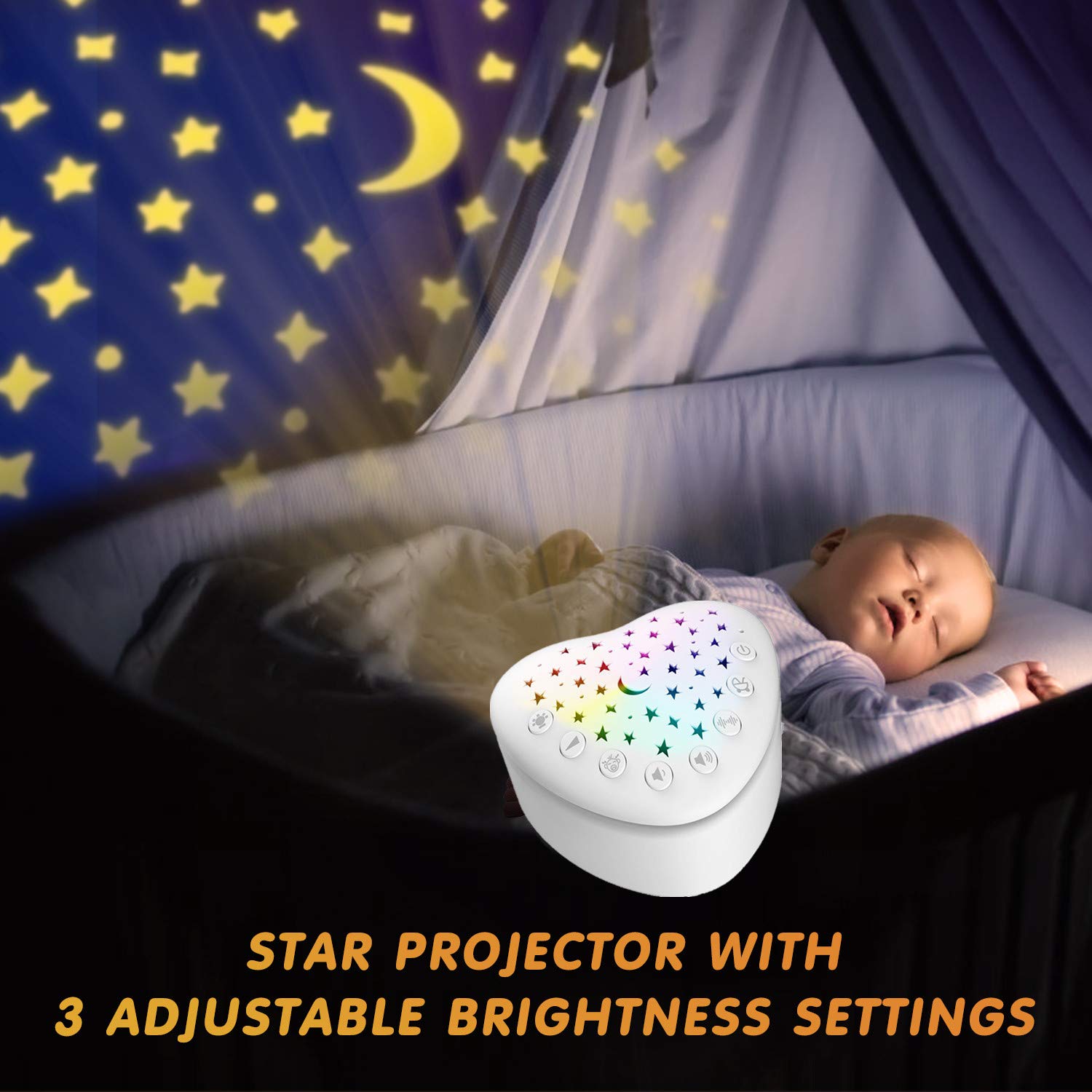 A13 White Noise Machine & Baby Sleep Soother with 15 Soothing Sounds & Projector Night Light Music Box, Cry Sensor, Rechargeable, Portable for Newborns, Toddlers, Attaches to Crib
