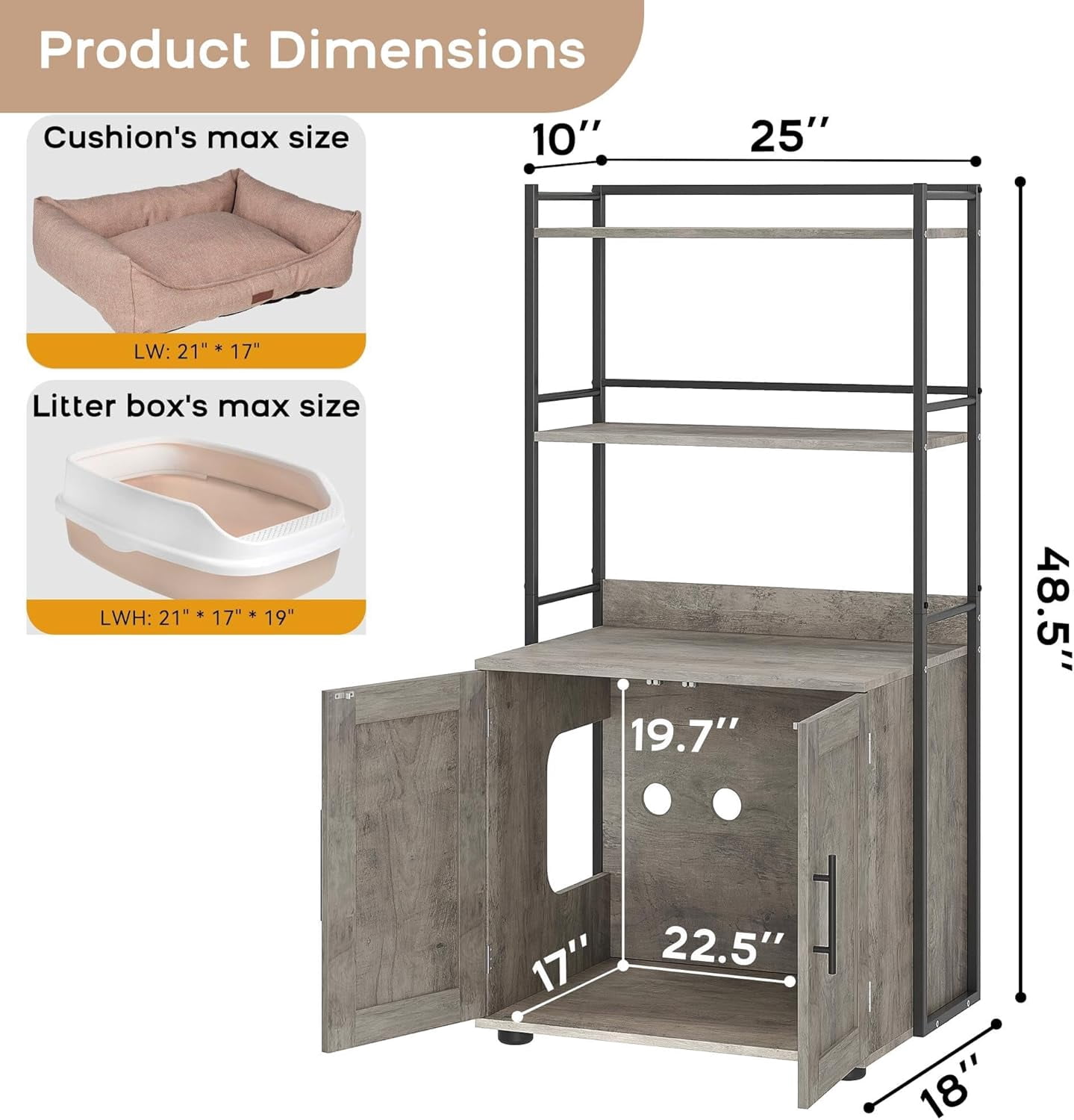 Cat Litter Box Enclosure with Shelf Storage, Multi-Purpose Cat House, Hidden Cat Washroom Furniture, Rustic Finish, Less Smell, Easy to Clean, Grey