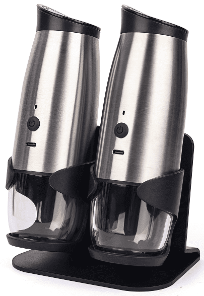 YEERSWAG Electric Salt and Pepper Grinder Set 2 Pack, Rechargeable Automatic Pepper Mill with Charging Base & LED Light, 6 Adjustable Coarseness, Stainless Steel One-Handed Operation