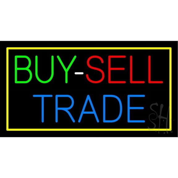 Multi Colored Buy Sell Trade with Blue Border LED Neon Sign 13 x 24 - inches, Black Square Cut Acrylic Backing, with Dimmer - Bright and Premium built indoor Neon Sign for Pawn shop, and storefront.