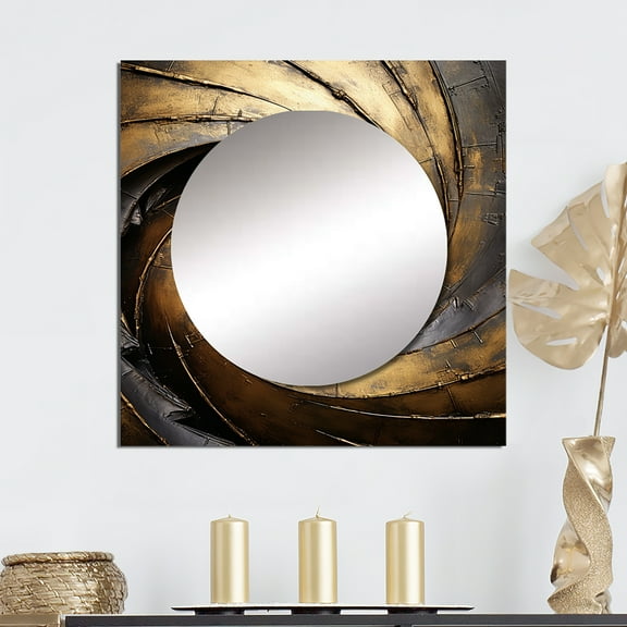 Designart "Timeless Turn In Gold And Black" abstract spirals Gold Large Square Mirror - Square Bedroom Mirror Printed Wall Decor - Modern Square Printed Wall Mirror Art