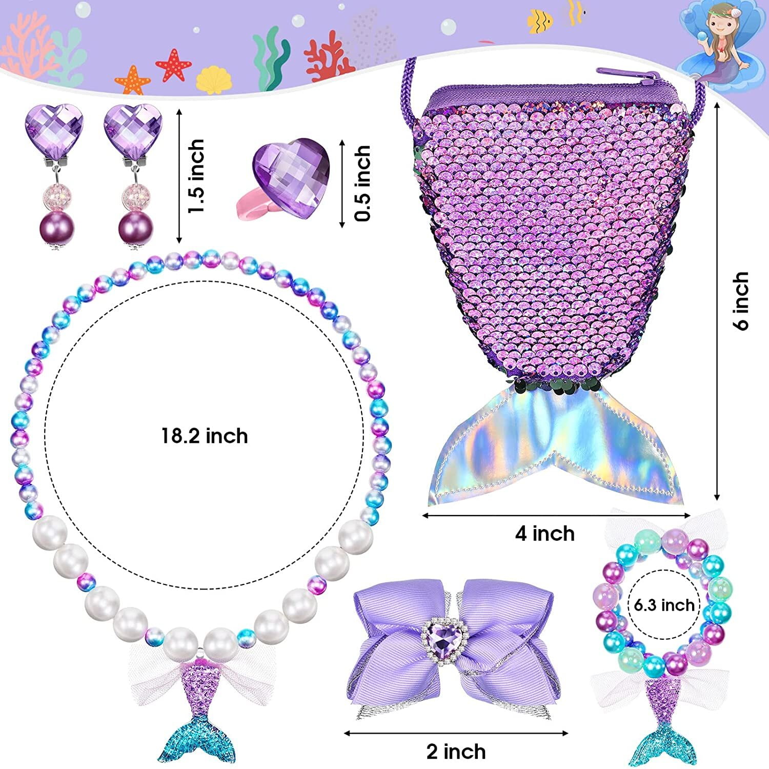 Nuolux 5 in 1 Children Girl Jewelry Set Mermaid Shape Simulation Pearl Children Necklace Bracelet Ring Earring for Toddler Dress Up Jewelry Party