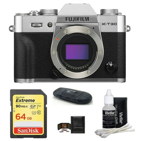 FUJIFILM X-T30 Mirrorless Digital Camera Body (Silver) Bundle, Includes: SanDisk 64GB Extreme SDXC Memory Card, Card Reader, Memory Card Wallet and Lens Cleaning