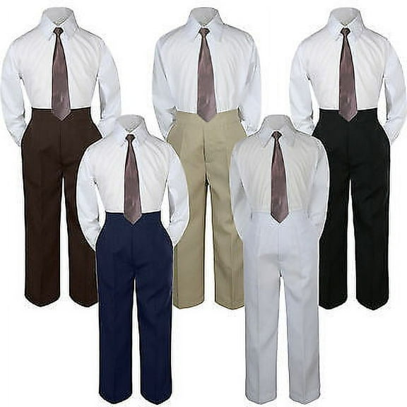3pc Boy Suit Set Brown Chocolate Necktie Baby Toddler Kid Formal Shirt Pants S-7