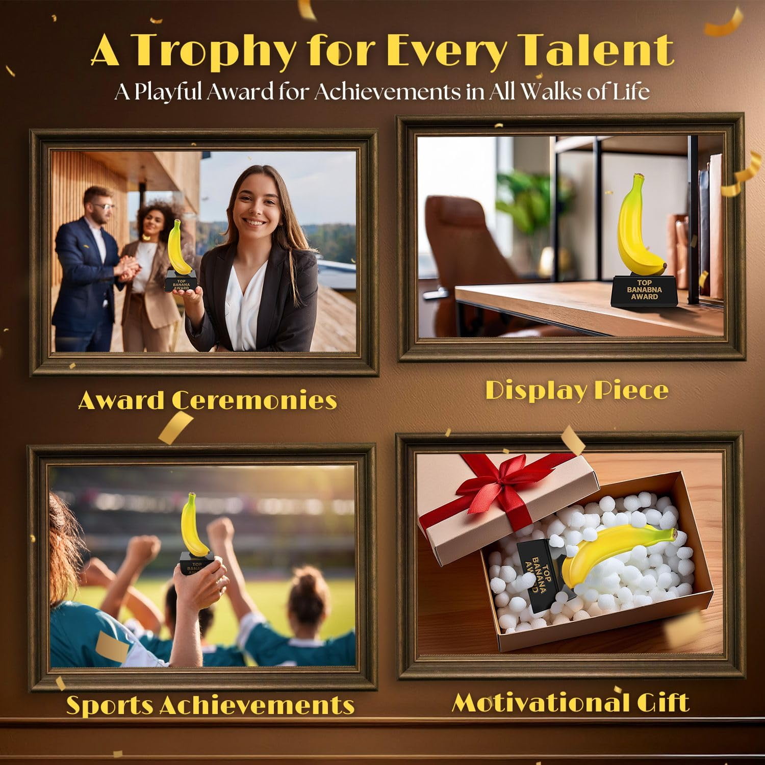Flexzion Top Banana Trophy - 7-Inch Top Banana Award for Outstanding Achievements, Unique and Funny Trophy for Adults, Coaches, Teachers, and Team Leaders - Durable Resin with Black Base