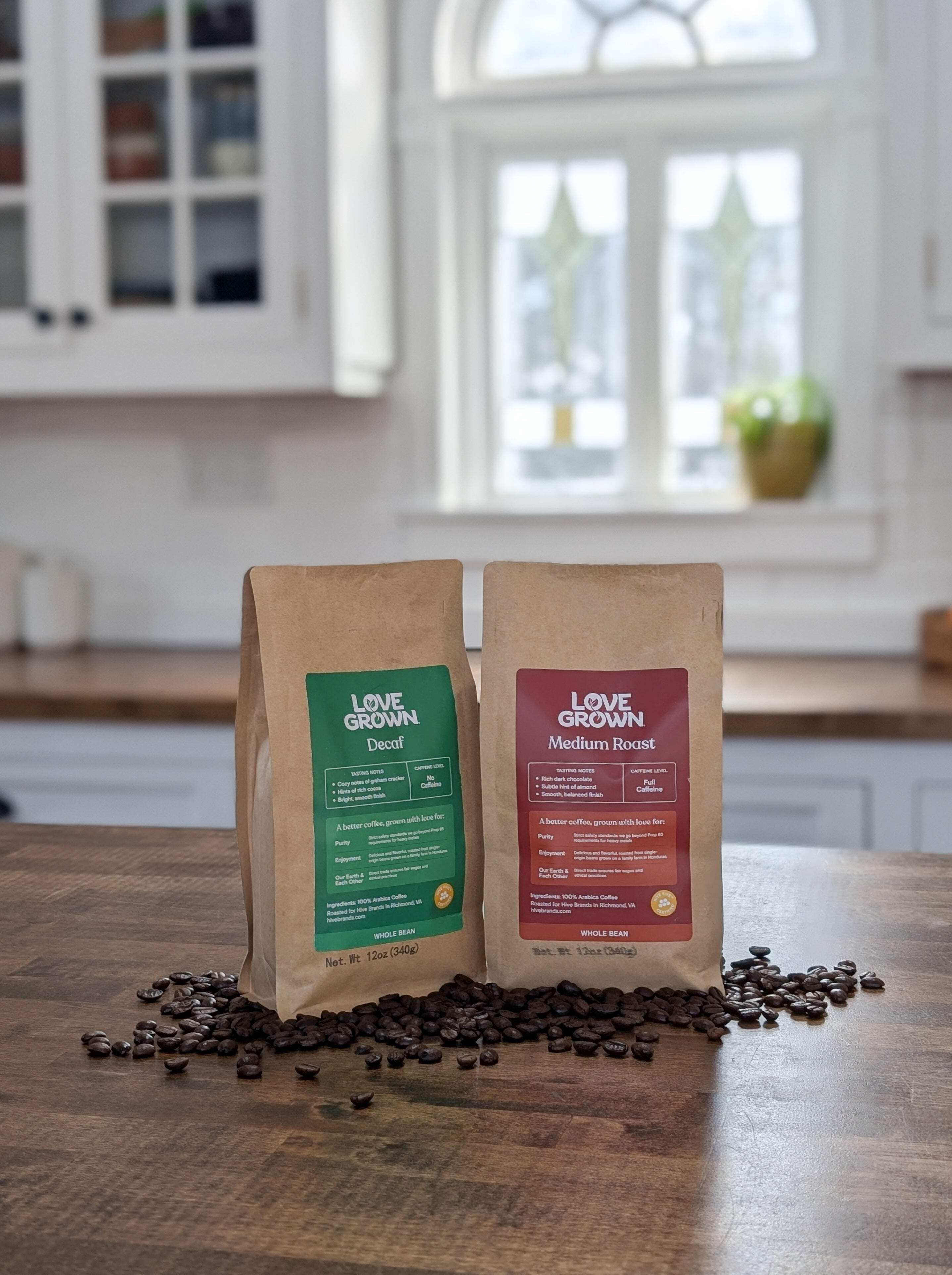 Love Grown Whole Bean Coffee - 100% Arabica Beans, Honduras Single-Origin, Smooth Flavor, Rich Aroma - Vegan, Gluten-Free, Non-GMO - (Decaf), 12oz Bag