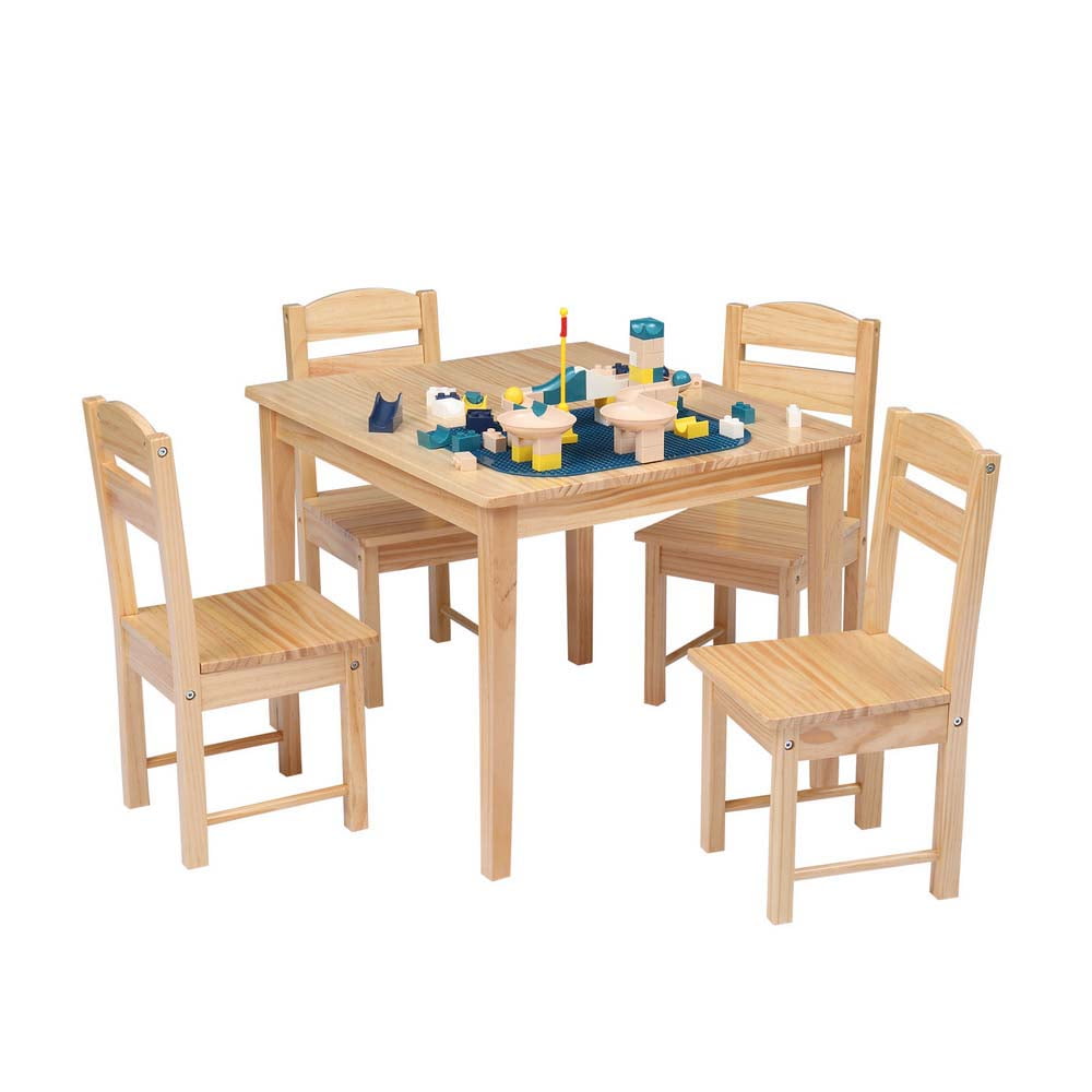 YOFE Pine Wood Kids Table and 4 Chairs Set, Natural Kids Table And