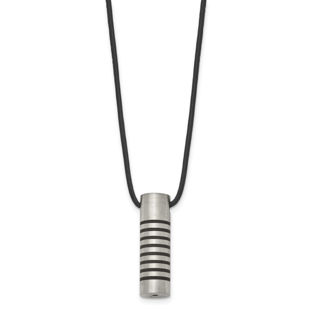 Diamond2Deal Stainless Steel Brushed and Polished with Black Rubber Cylinder on an Leather Cord Necklace for Men 18"