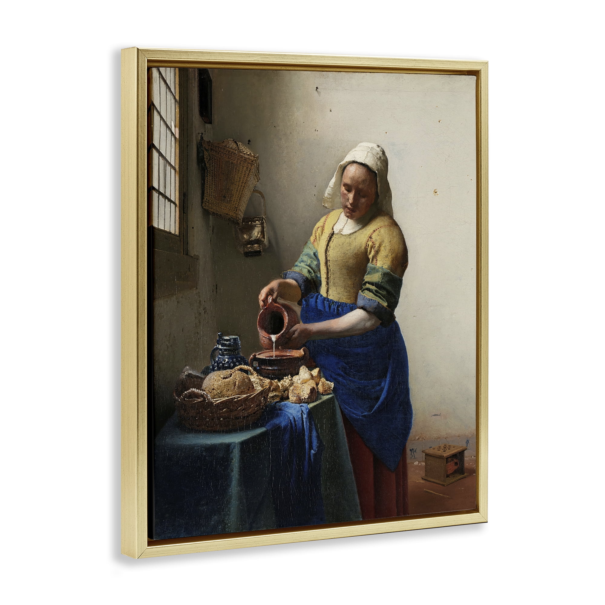 Stupell Industries Classical Vermeer The Milkmaid People Painting Gold Floater Framed Canvas Art Print Wall Art, 17 x 21