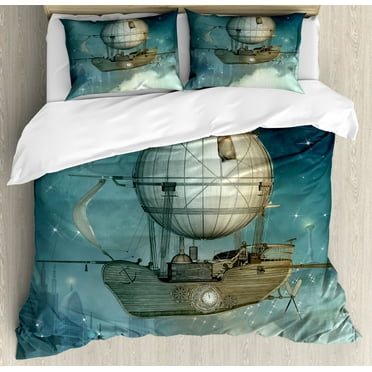 Ambesonne Steampunk Duvet Cover Set, Futuristic Airship, Queen, Petrol Blue and Tan