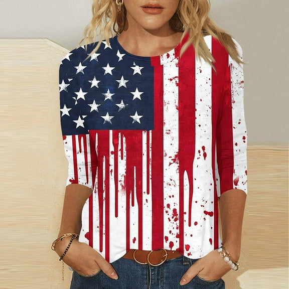 Cavosen Patriotic T Shirts for Women Petite Independence Day 3/4 Sleeve Round Neck T Shirts USA Star Striped Graphic Tops Lady XL 4th of July Casual T Shirts Red White and Blue Tunic Tees