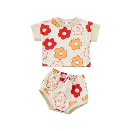 

TheFound 2pcs Summer Lovely Baby Girls Clothes Flowers Printed Short Sleeve T Shirts Tops Elastic Shorts Sets