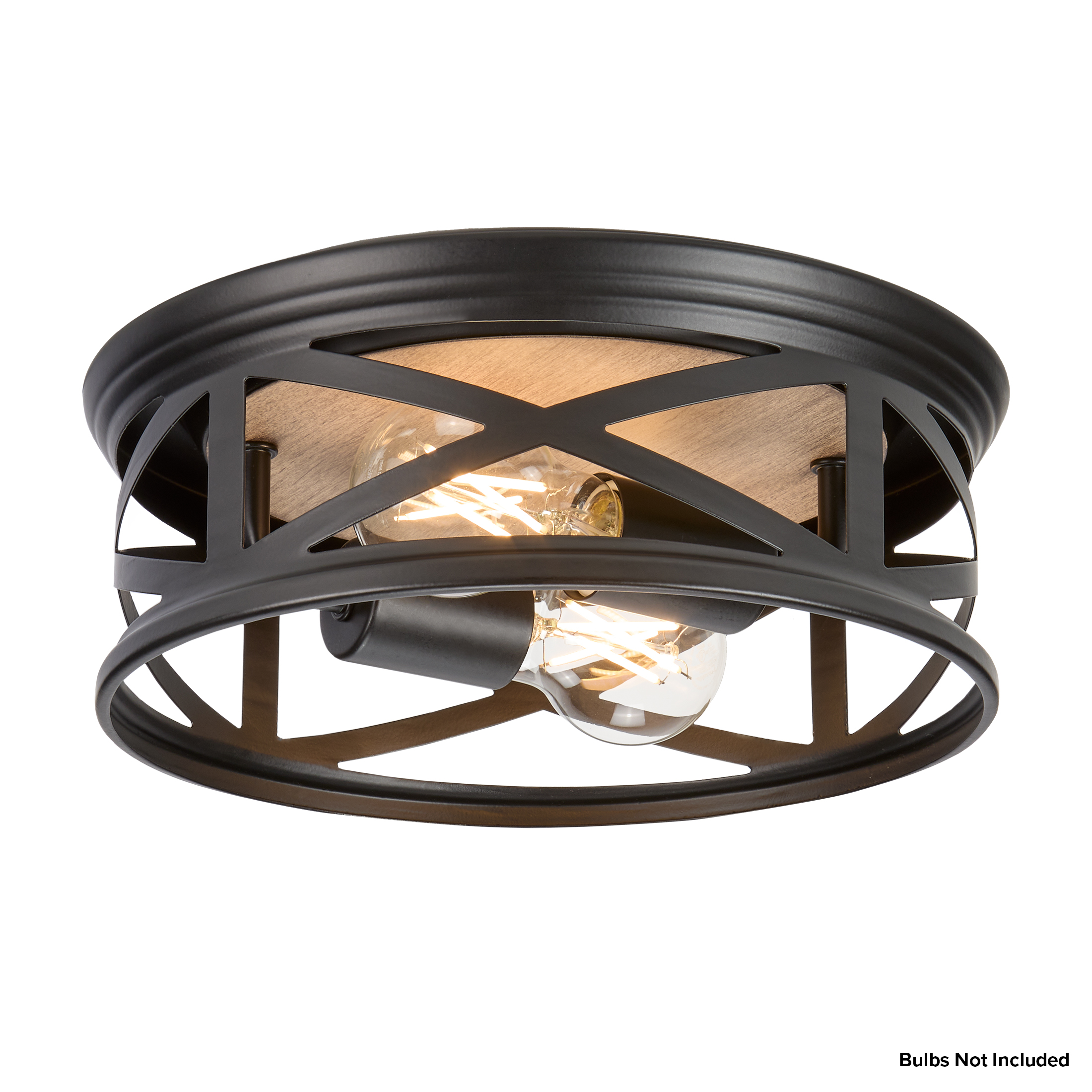 Maxxima 11 in. 2-Light Indoor / Outdoor Flush Mount Ceiling Light, Round Black w/ Wood Grain Farmhouse Fixture, Bulbs Not Included