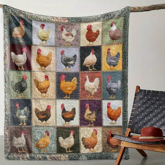 50"×60" Vintage Patchwork Chicken Flannel Throw Blanket - Soft, Warm, Cozy For Sofa, Bed, Office, Car, Camping And Travel - Ideal Year-Round Gift, With Rustic Artistic Design, Travel Blanket