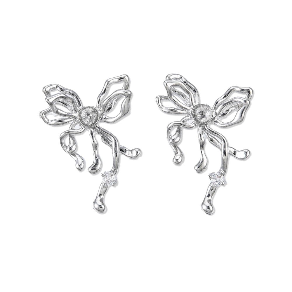 30pc Brass Pave Clear Cubic Zirconia Stud Earring Findings for Half Drilled Beads Cadmium Free & Nickel Free & Lead Free Butterfly Platinum 29x23mm Hole: 1.6mm Pin: 0.8mm